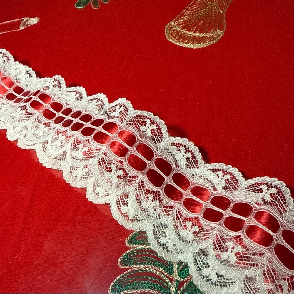 Red White Ribbon Lace Valentines Decor Trim VTG USA Approx. 2.5” W x 2’|3 Strips